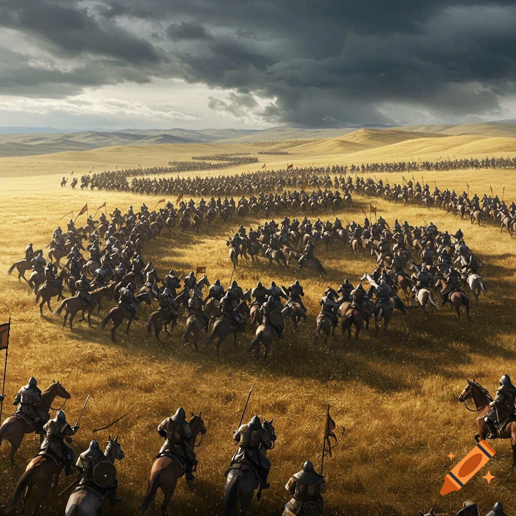A massive horde of mounted warriors riding across a golden steppe under dramatic clouds.
