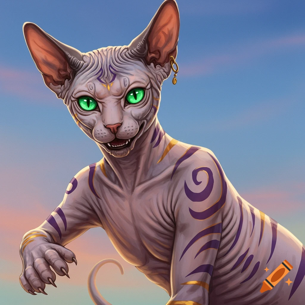 Stylized Sphinx cat creature with purple and gold markings.