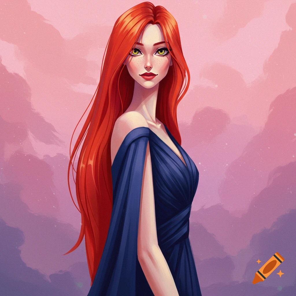 A woman with long red hair and hazel eyes wears a blue dress against a pink and purple cloudy sky.