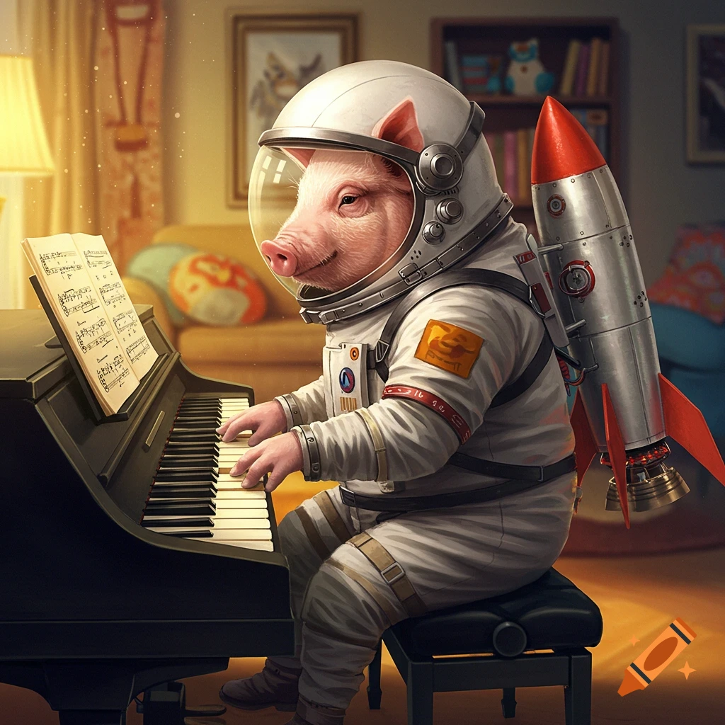 A realistic pig in an astronaut suit plays the piano in a room with a rocket backpack.