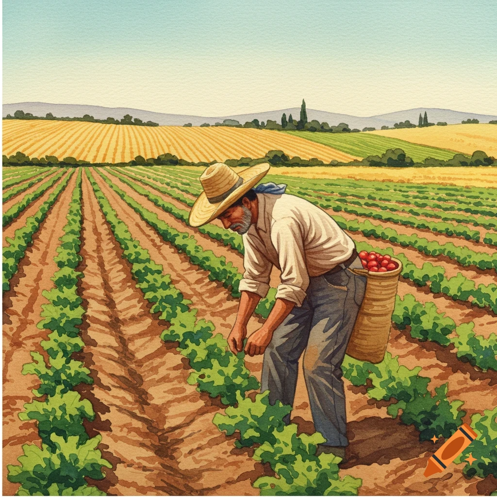 A farmer works in a field, picking crops, in a watercolor style.