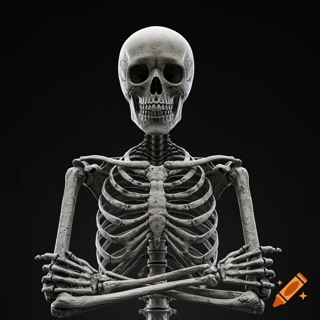 Close-up of a human skeleton from the chest up on a dark background.