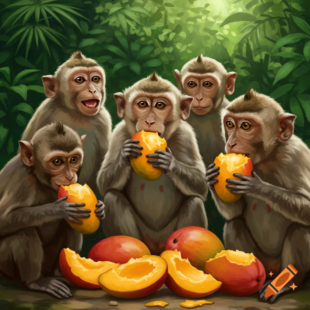 Several monkeys eating mangoes in a jungle.