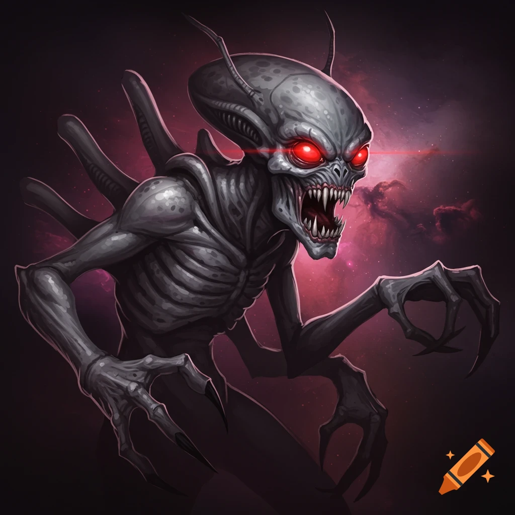 A scary grey alien with glowing red eyes, sharp teeth, and long claws against a dark, cosmic background.