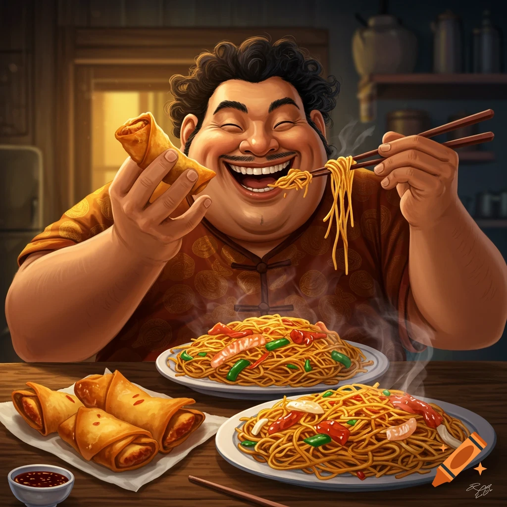 A man happily eating lo mein noodles and holding an egg roll