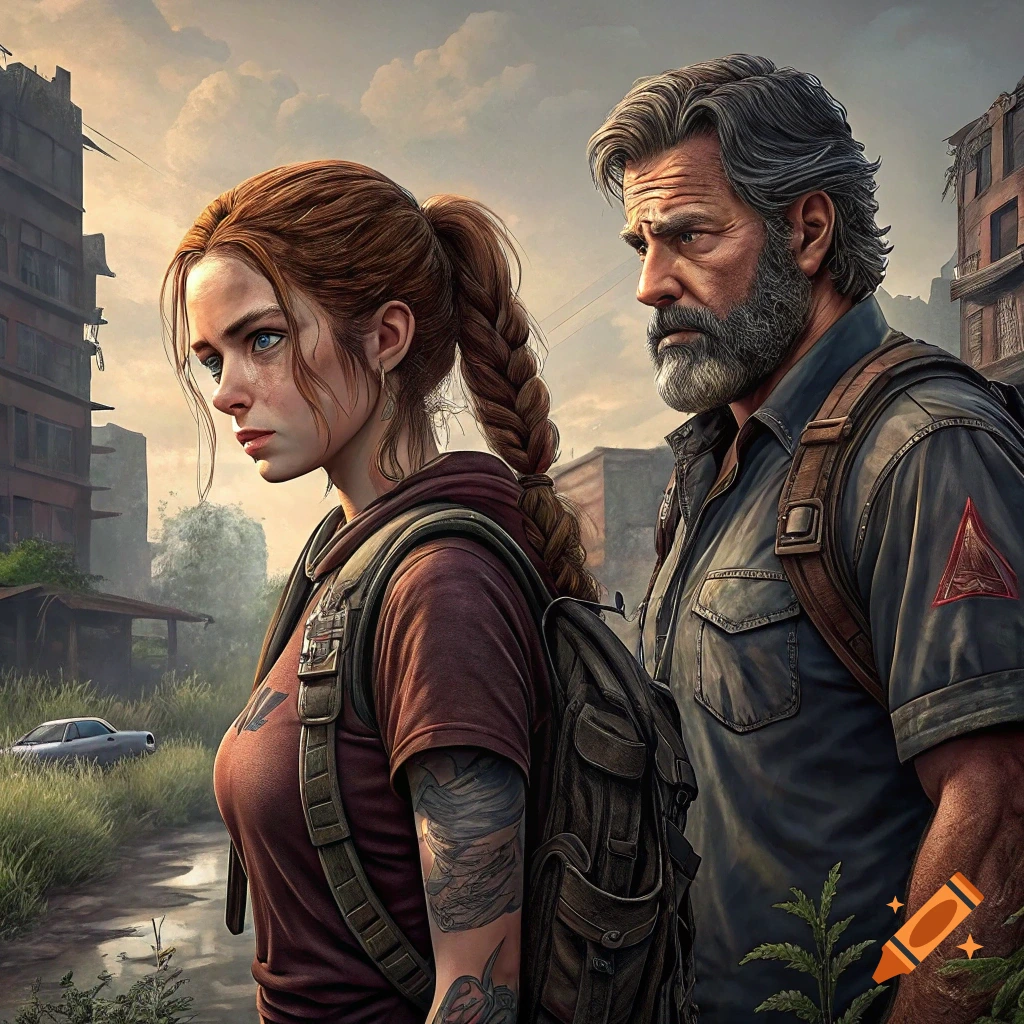 Joel and Ellie from The Last of Us walk through a ruined city.