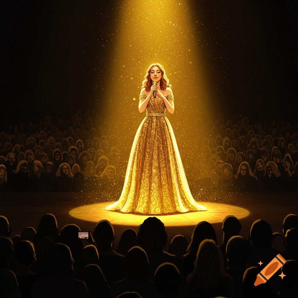 A singer in a golden dress performs on stage under a spotlight, facing an entranced crowd.