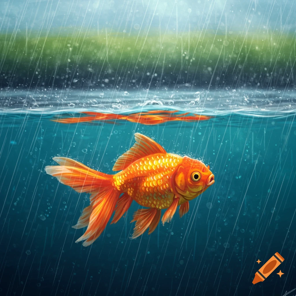 A goldfish swimming partially underwater with rain falling on the surface.