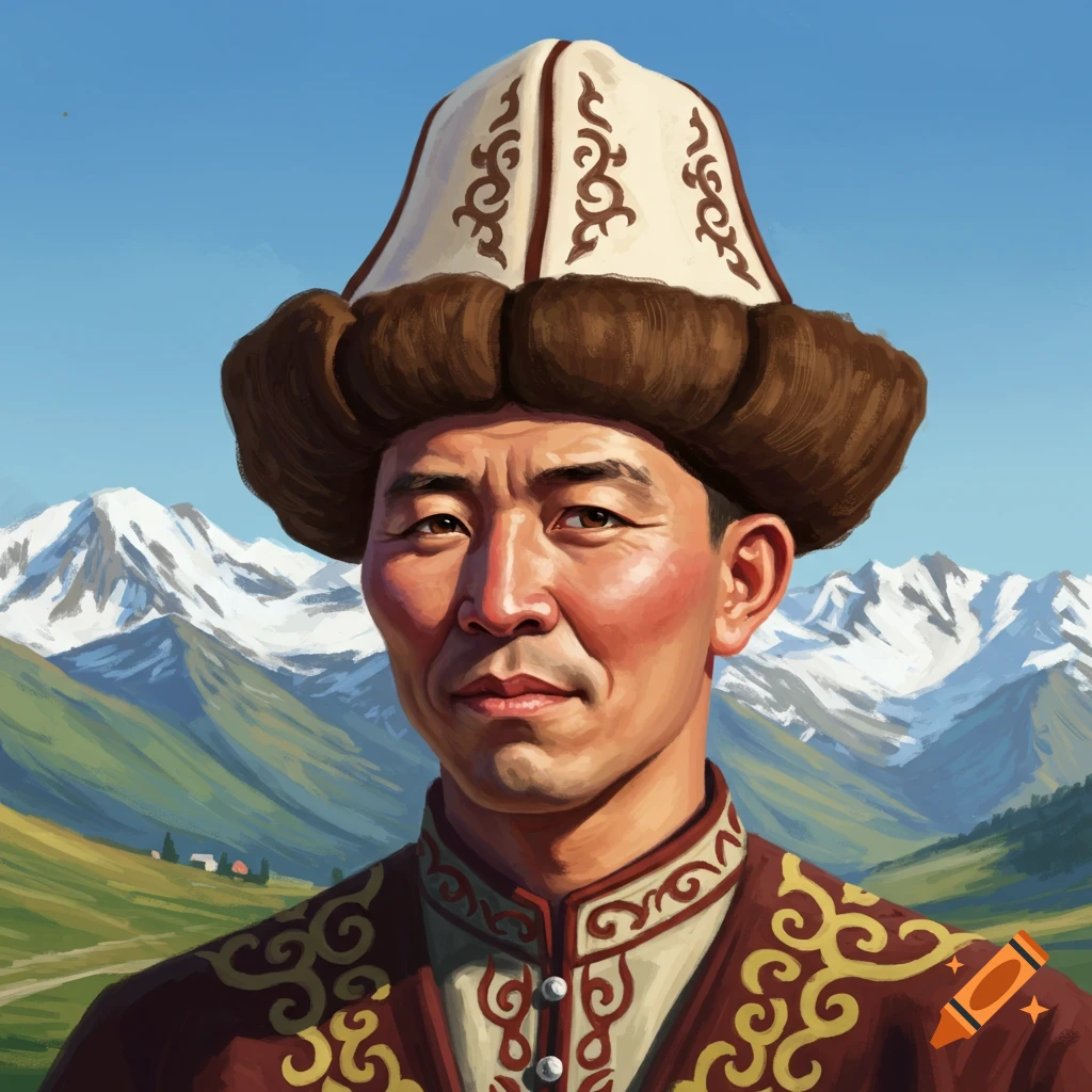 A man in traditional clothing and hat stands with mountains in the background.