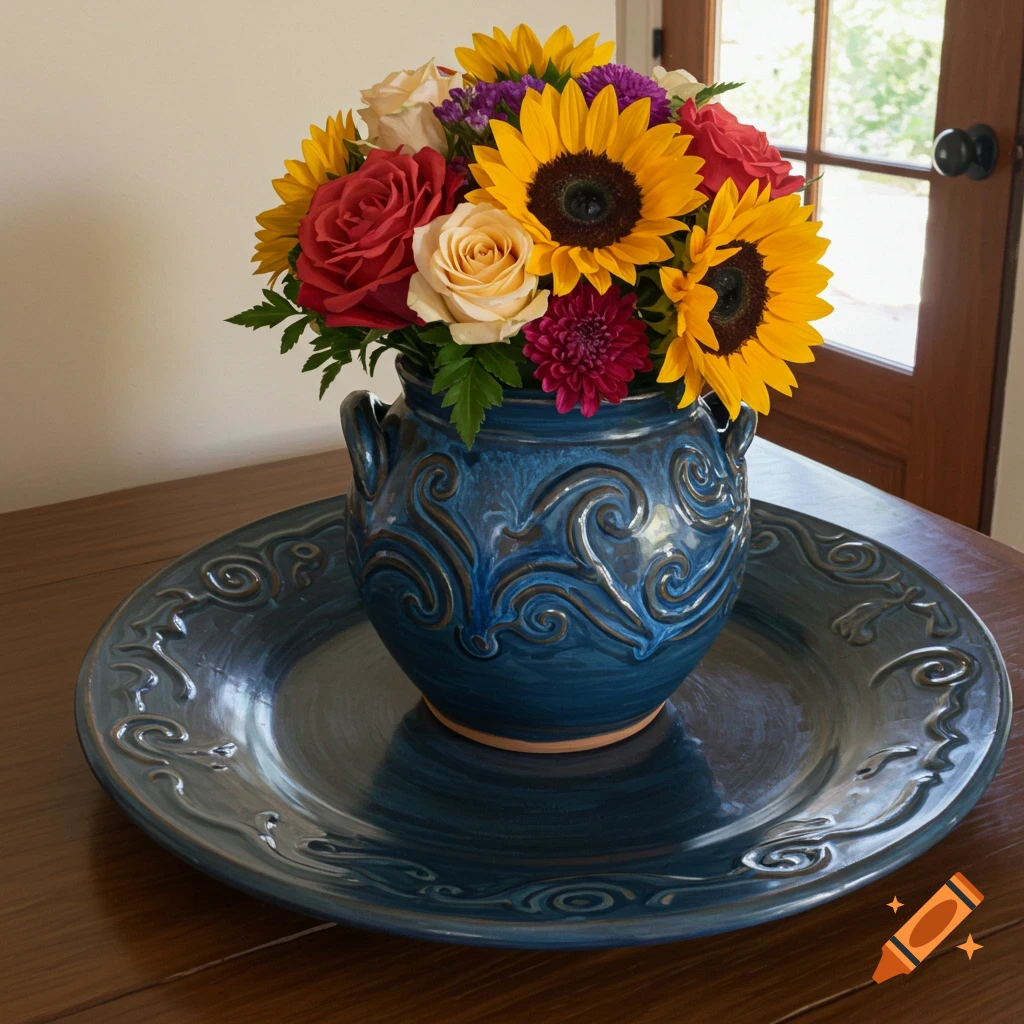 A blue ceramic vase filled with sunflowers and roses sits on a matching plate on a wooden table.