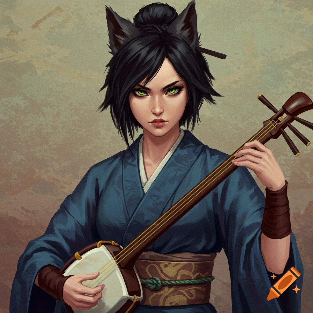 A woman with cat ears in Edo period outfit playing a shamisen.