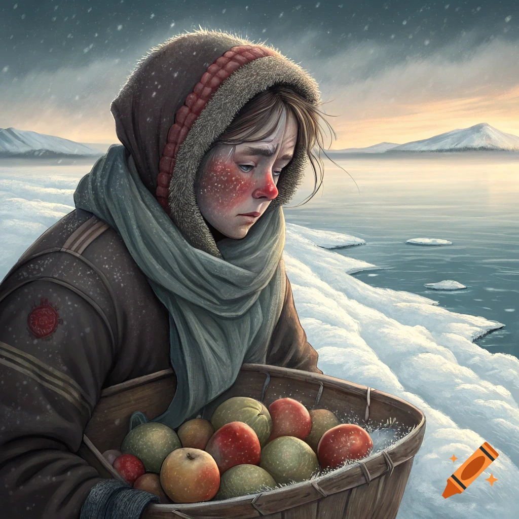 A person in winter clothing holds a basket of apples in a snowy landscape by a lake, in a digital art style.