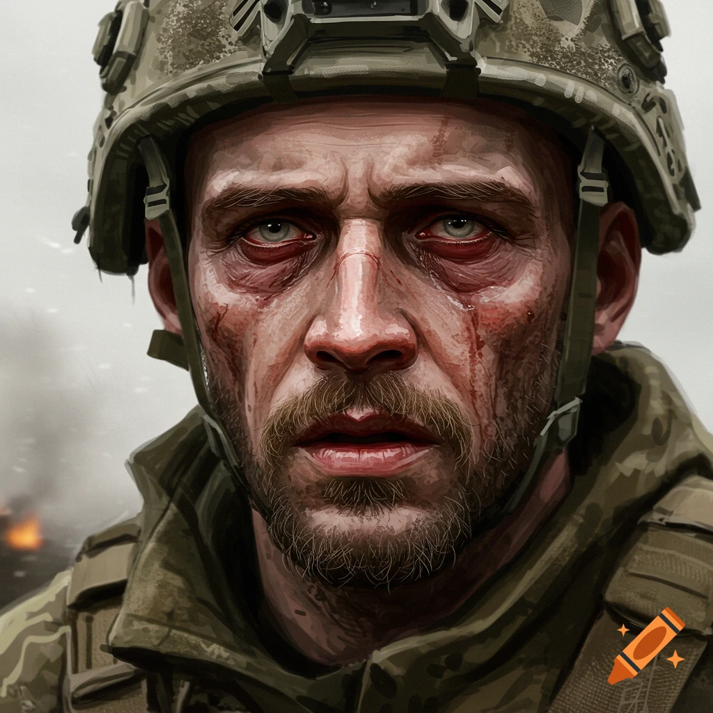 Image of a distressed soldier with facial injuries wearing a helmet.