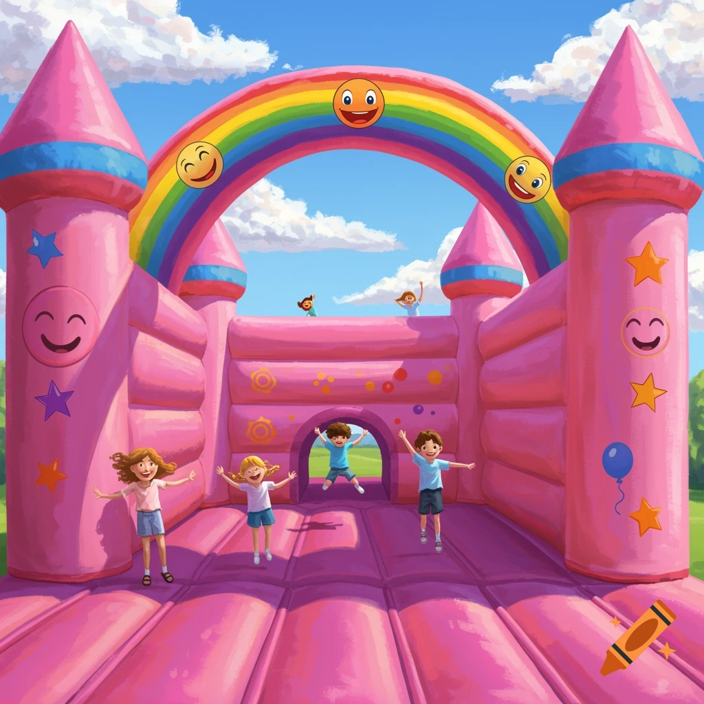 Children jumping in a vibrant pink bouncy castle with a rainbow arch and smiling face decorations.