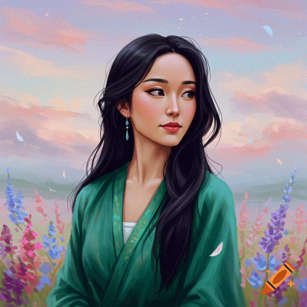 A woman with long dark hair wears a green robe in a field of flowers.