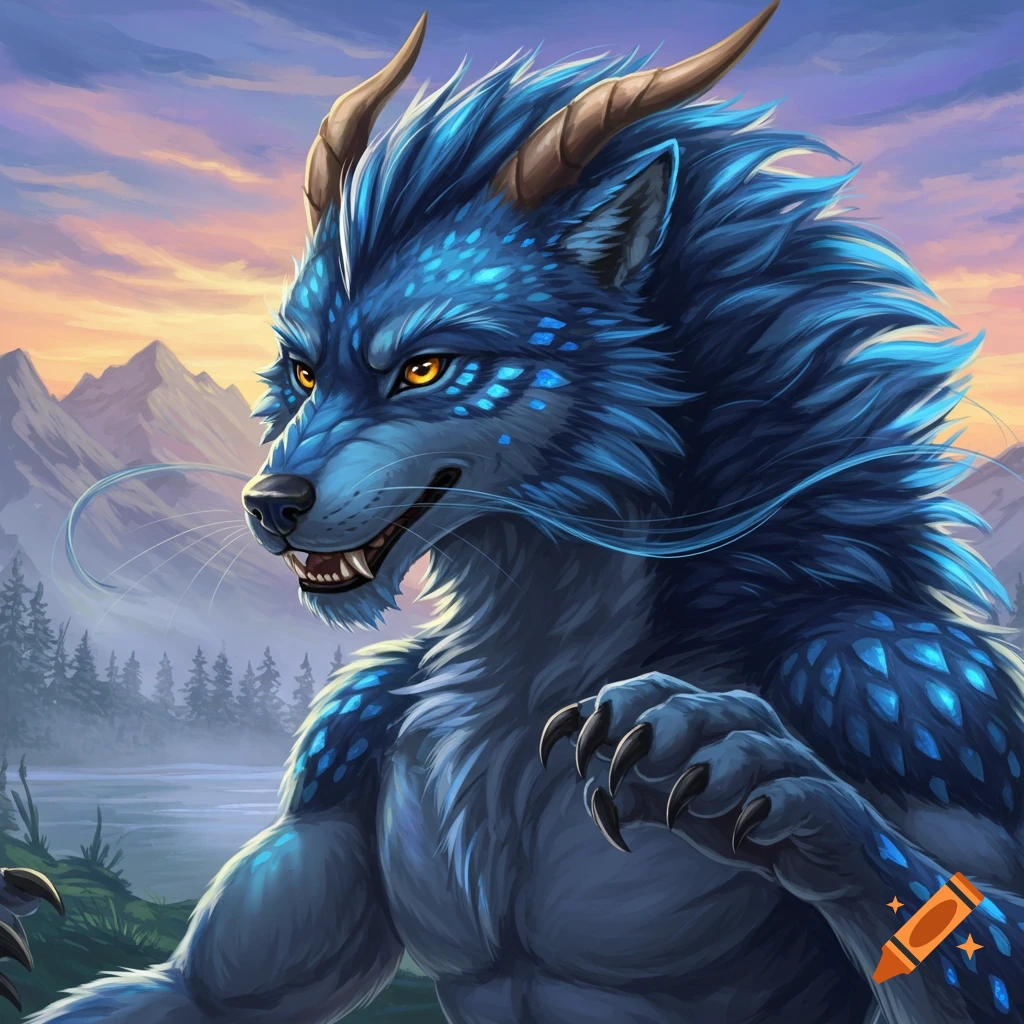 A blue wolf-dragon creature stands in a mountain landscape.