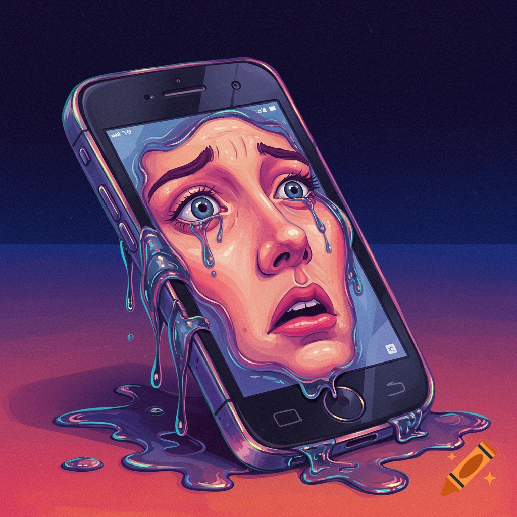 A distressed face melting out of a phone screen, forming a puddle.