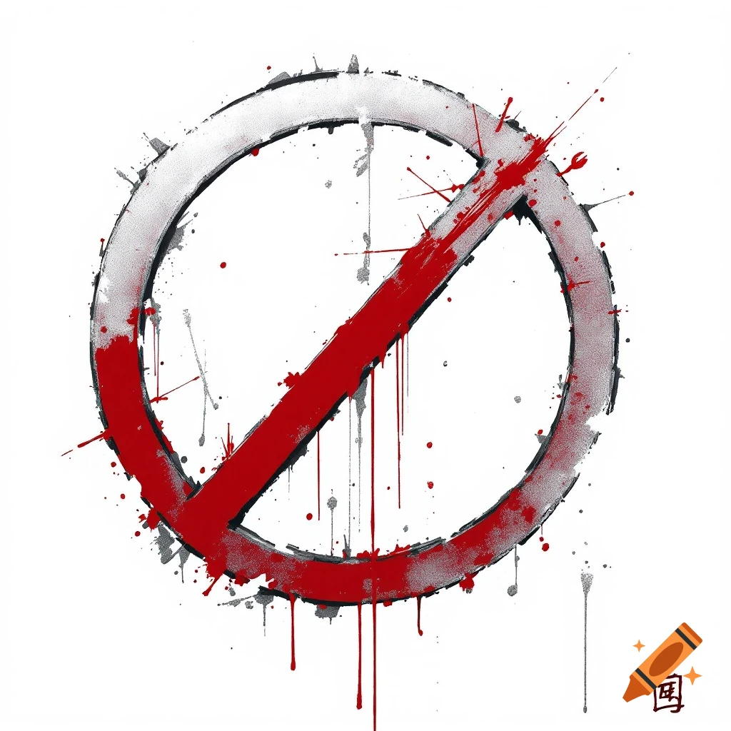 Stylized red and gray prohibition symbol with paint splatters and drips on white.