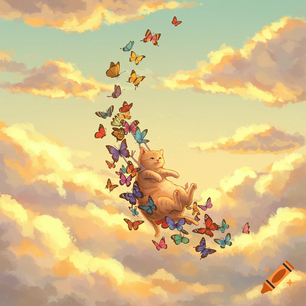 A light orange cat is carried by many colorful butterflies through a sky filled with soft yellow and pink clouds.