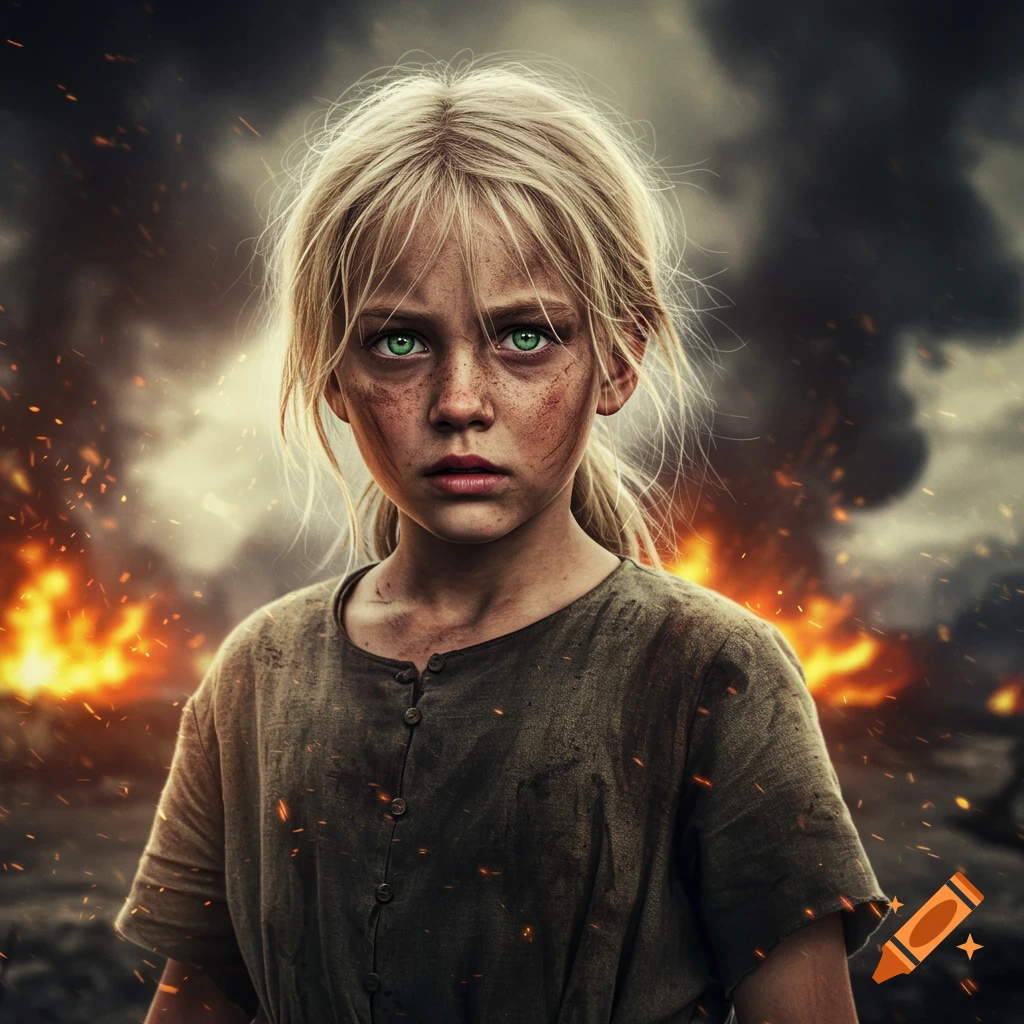 Photorealistic image of a dirty-faced young girl with green eyes in a chaotic war scene with fire and smoke.