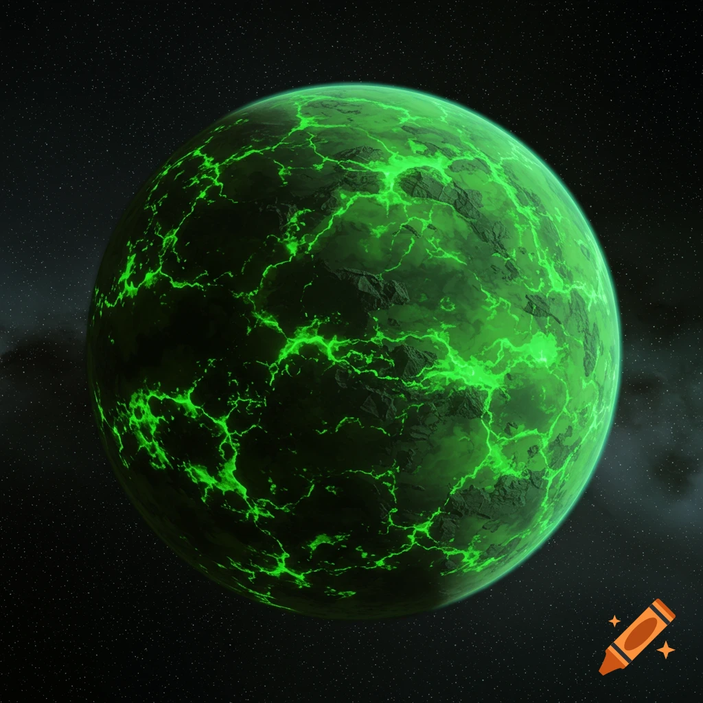 A green, toxic-looking rocky planet with glowing fissures is set in deep space among stars.
