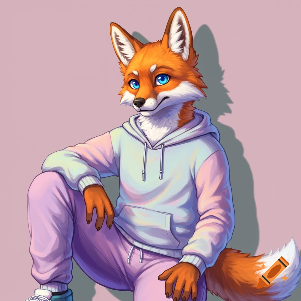 An anthropomorphic fox in a hoodie and sweatpants crouches.
