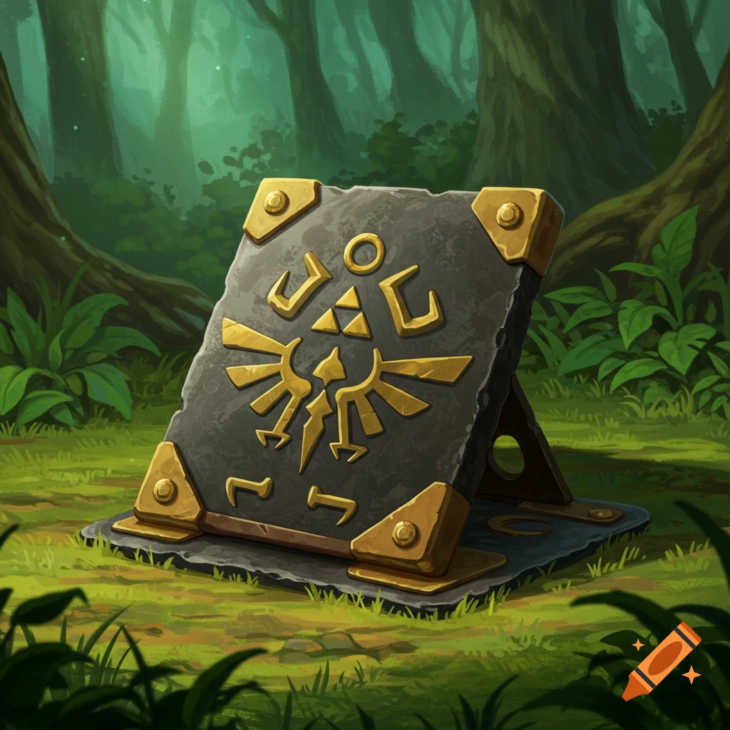 A stone book or tablet with golden Zelda symbols, propped up in a forest.