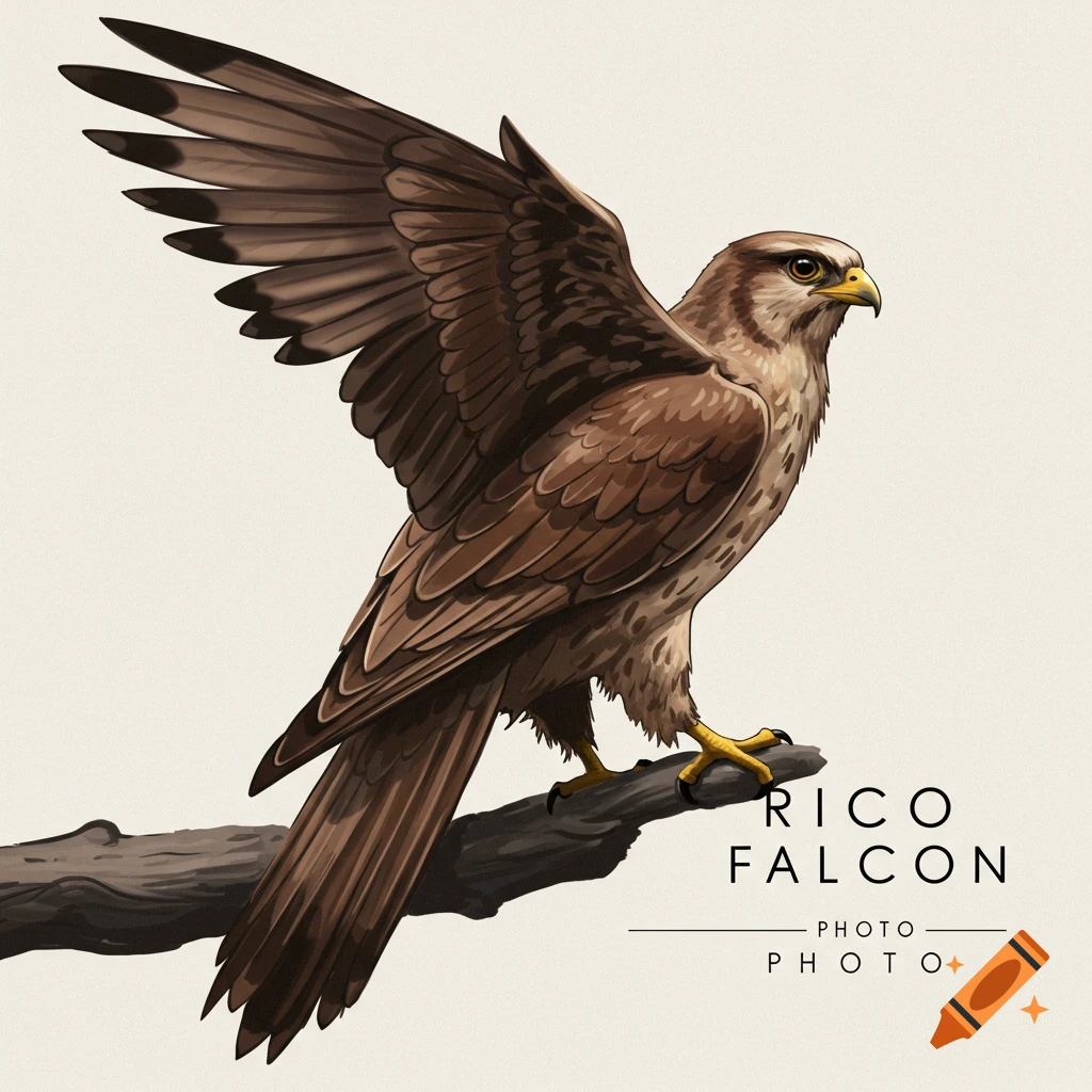 A brown falcon is perched on a branch. Text reads RICO FALCON PHOTO PHOTO.