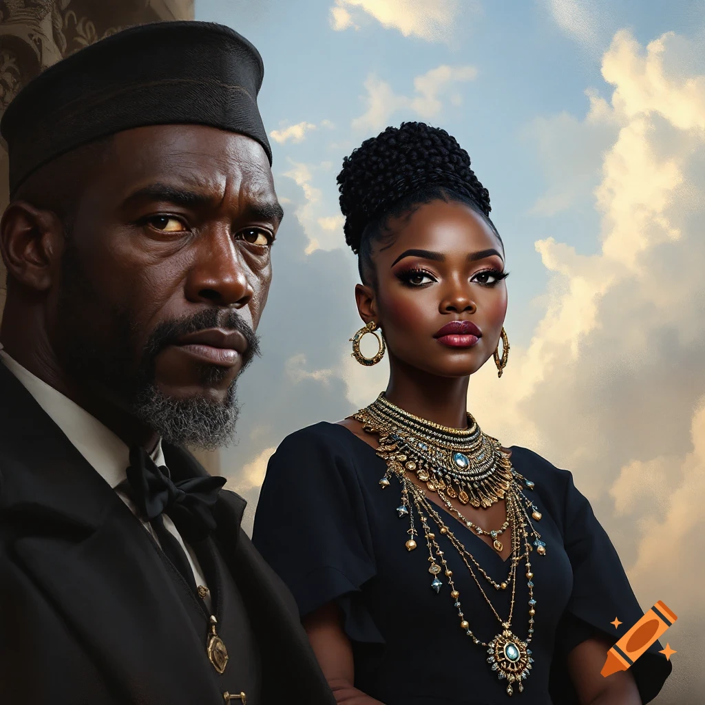 A man in a black hat and suit stands next to a woman in a black dress and elaborate jewelry, against a cloudy sky.