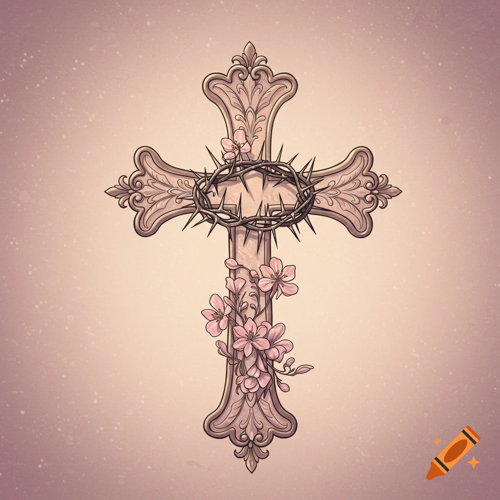 An ornate cross with a crown of thorns wrapped around it and pink flowers blooming on the side, in a digital illustration style.