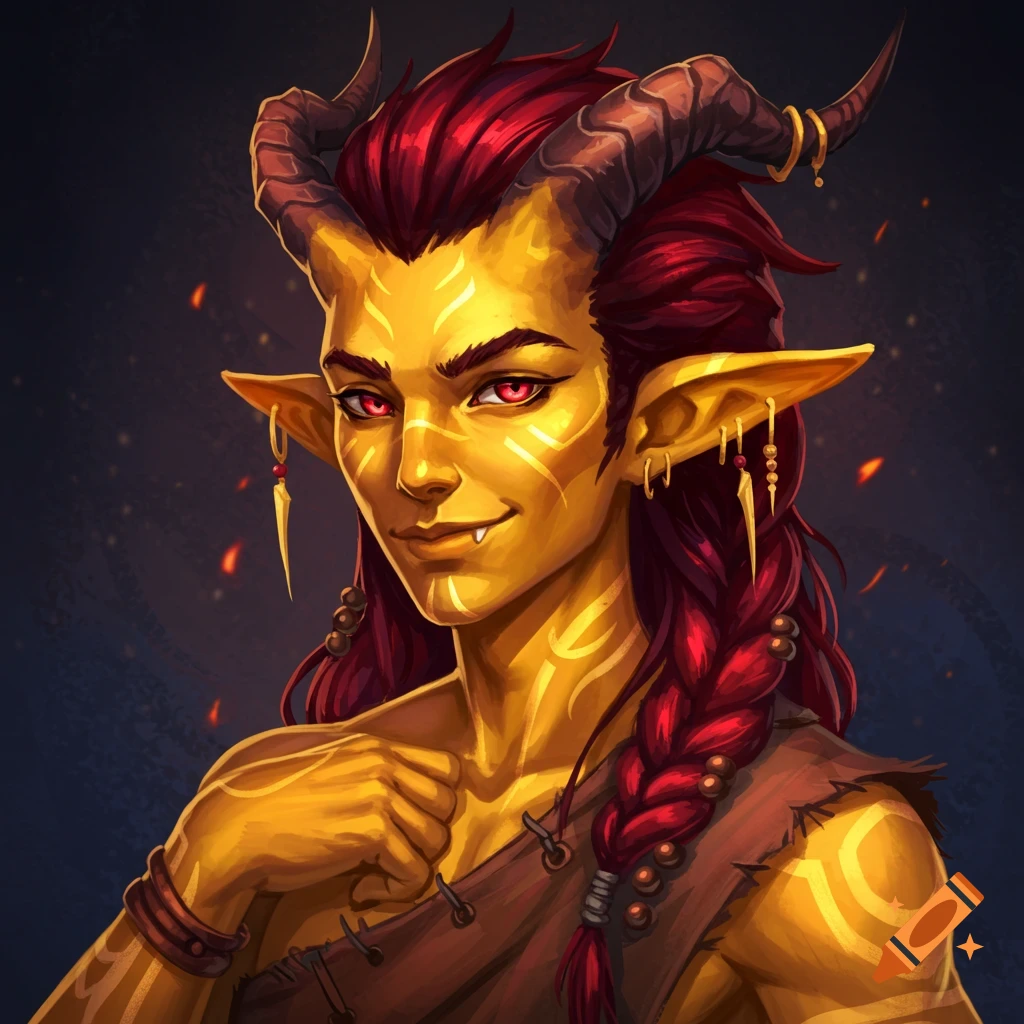 A portrait of a tiefling with yellow skin, horns, red eyes, and glowing markings, making a fist.