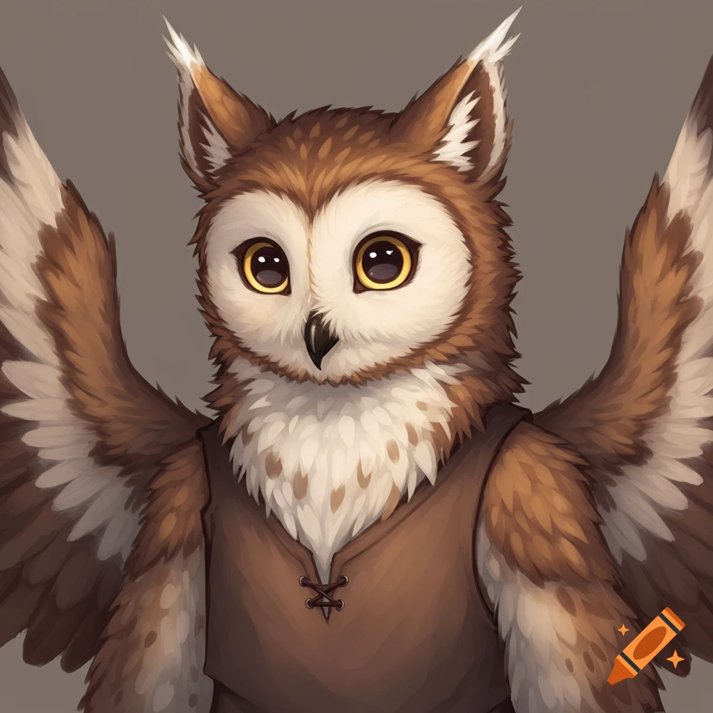 A fluffy owl character wearing a brown tunic.