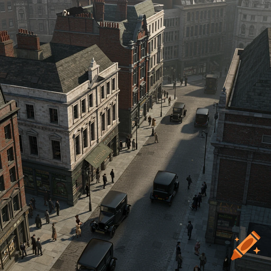 Aerial view of 1940s London street with buildings, cars, and pedestrians in a cinematic illustration style.