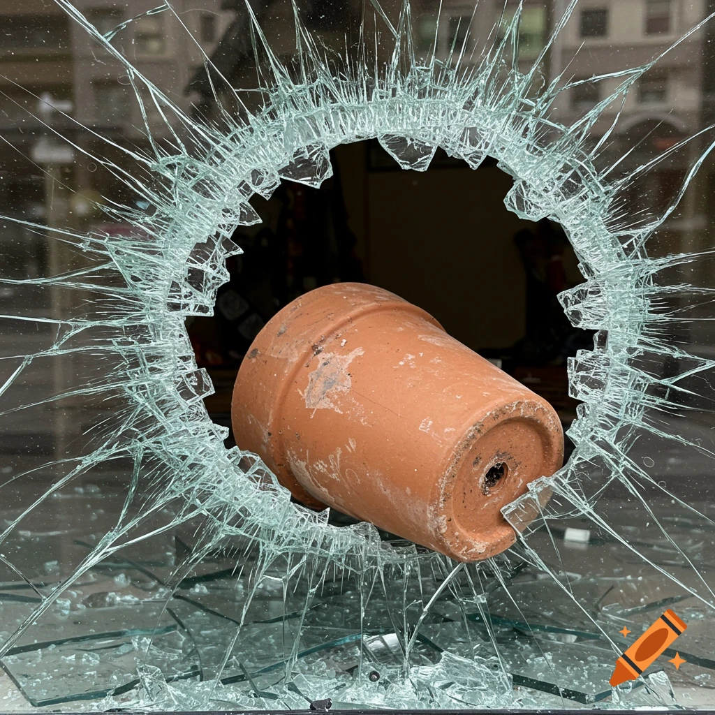 A clay pot is stuck through a round hole in a shattered glass window.