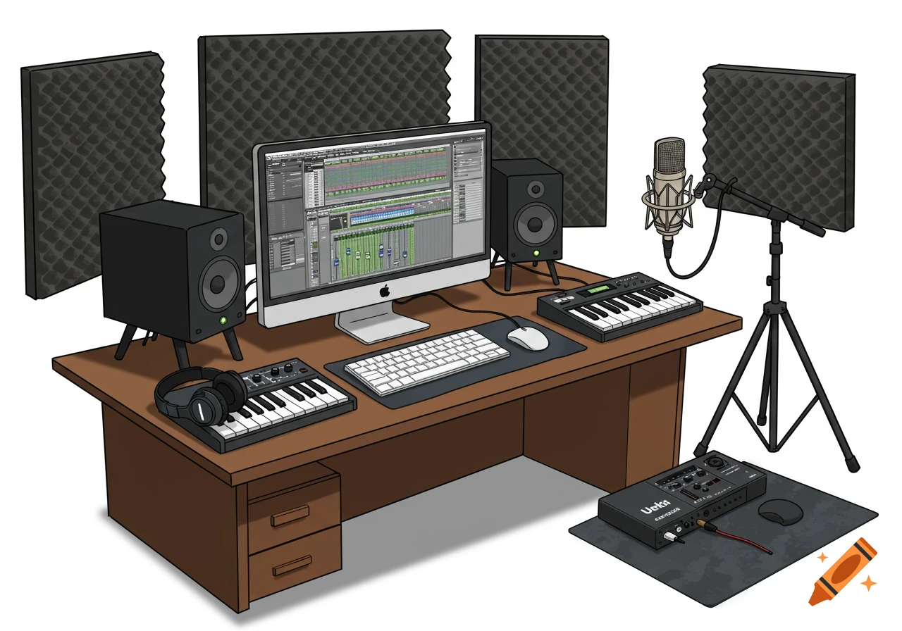 Illustration of a home recording studio desk with a computer, speakers, microphone, and keyboards.