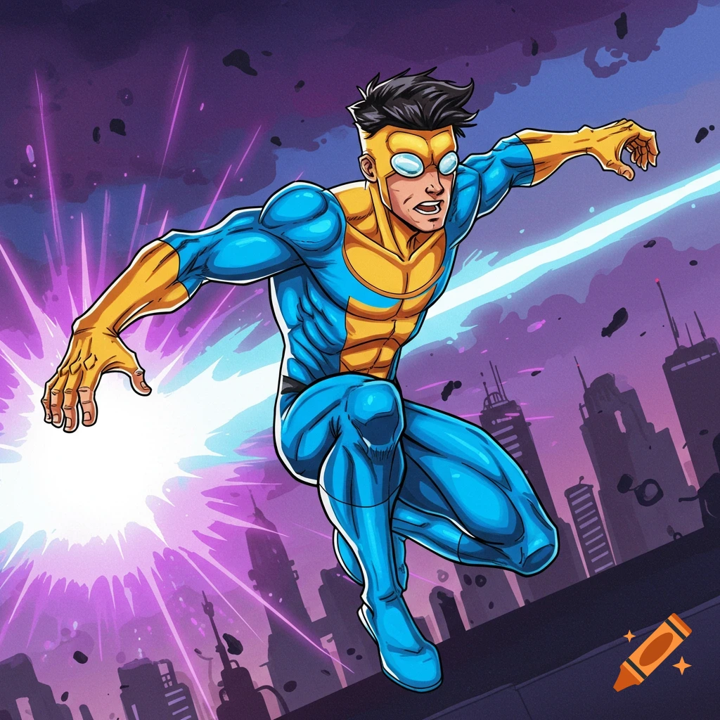 Invincible flying over a city skyline at night with purple energy effects behind him.
