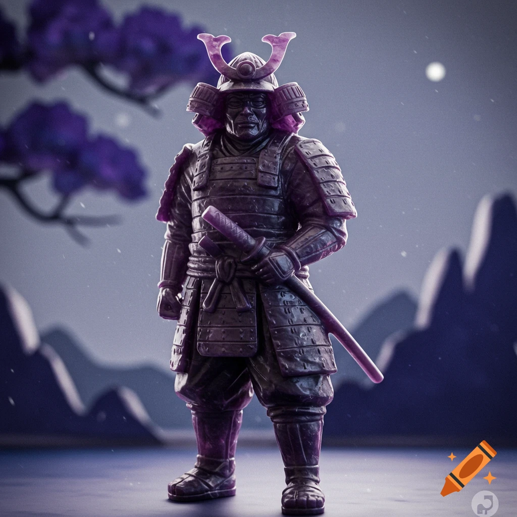 A samurai figure made of purple amethyst stands in a stylized landscape.
