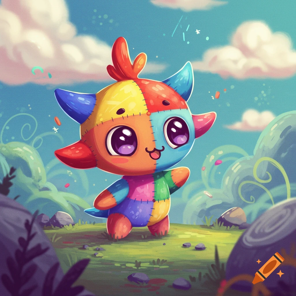 A cute, colorful stitched cartoon creature stands in a grassy landscape.