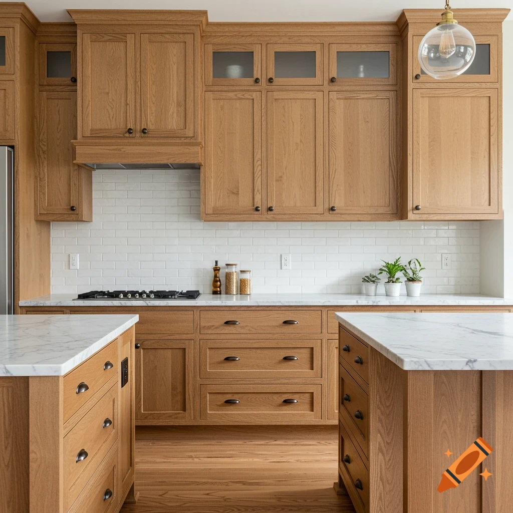 A modern kitchen featuring light wood cabinets, white subway tile backsplash, and marble countertops on the counters and islands.