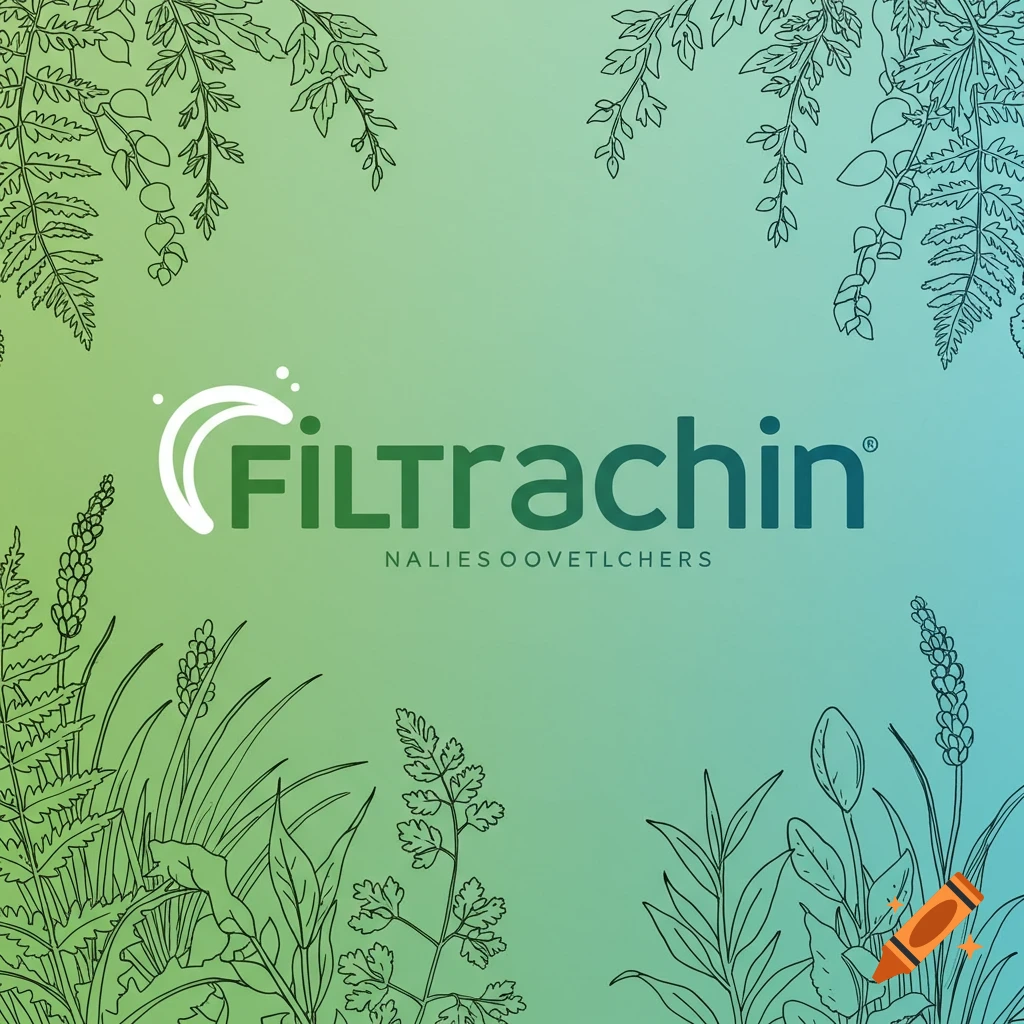 Logo for Filtrachin with stylized line art of plants on a green and blue gradient background