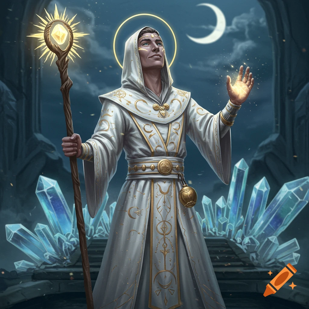 A white-robed cleric with a glowing staff looks towards the sky under a crescent moon. Fantasy art style.