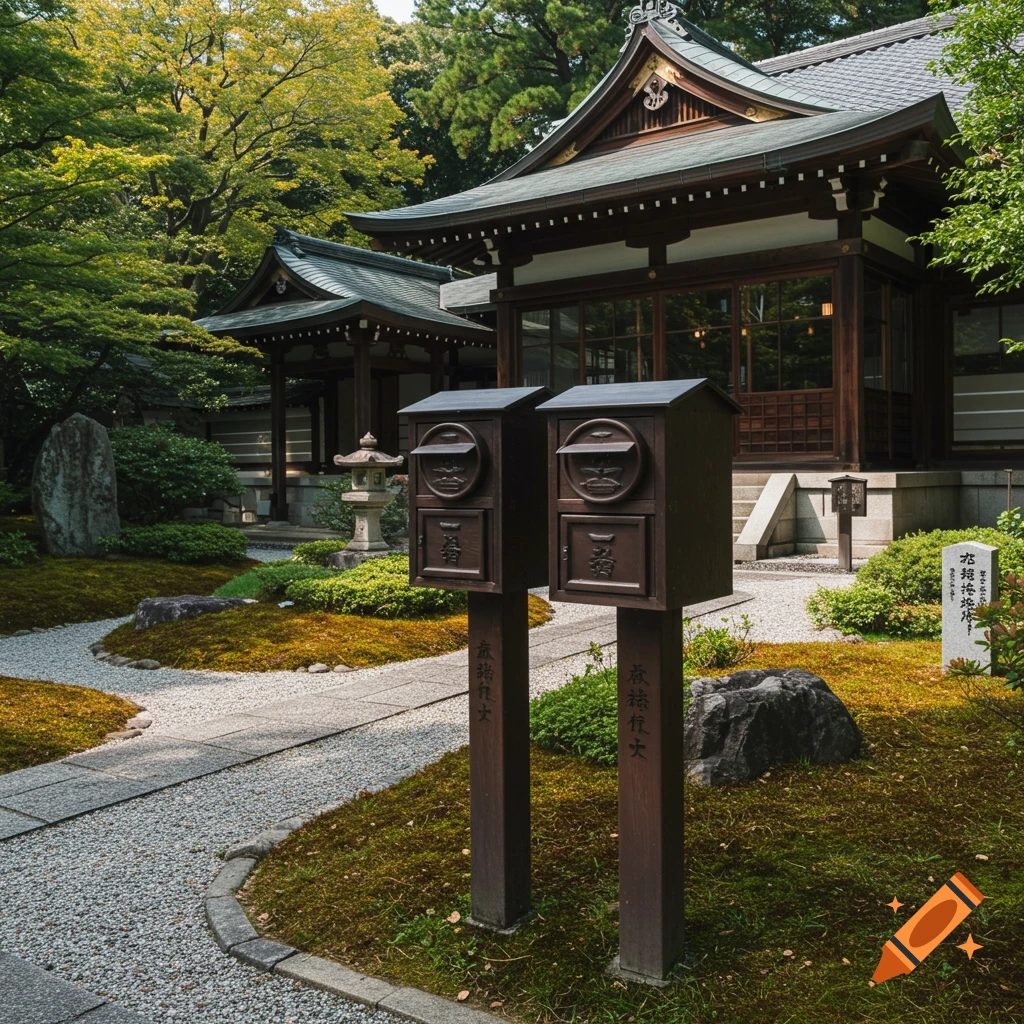 Photorealistic image of two wooden mailboxes in front of a Japanese temple with a gravel garden path.