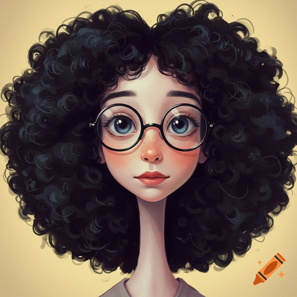 Portrait of a girl with curly black hair, glasses, and freckles.