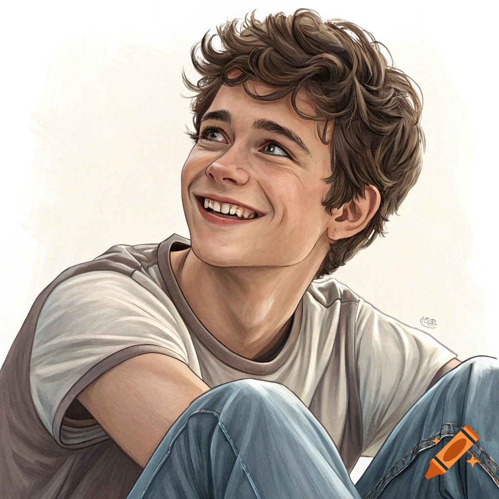 An illustration of a smiling young boy with curly brown hair looking up, wearing a white t-shirt.