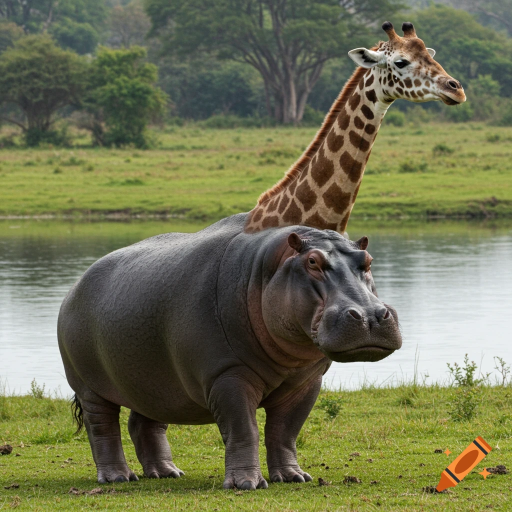 A photorealistic image of a hippopotamus with a giraffe neck and head standing by a lake.