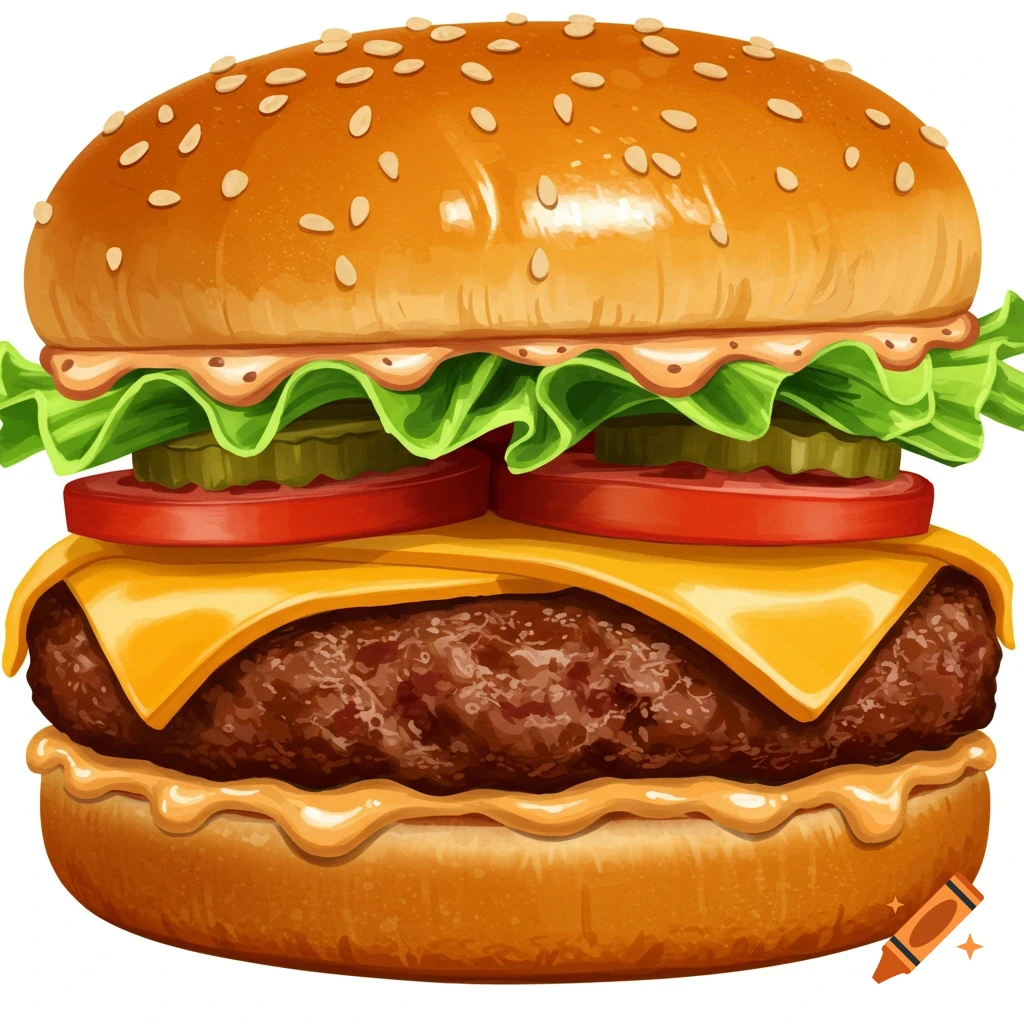 A juicy cheeseburger with cheese, lettuce, tomato, and pickles.