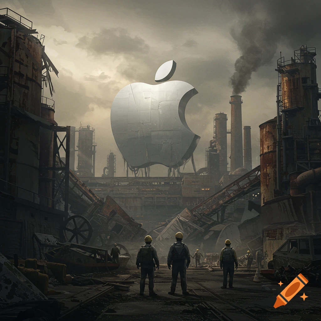 A large Apple logo towers over a ruined industrial complex with workers.