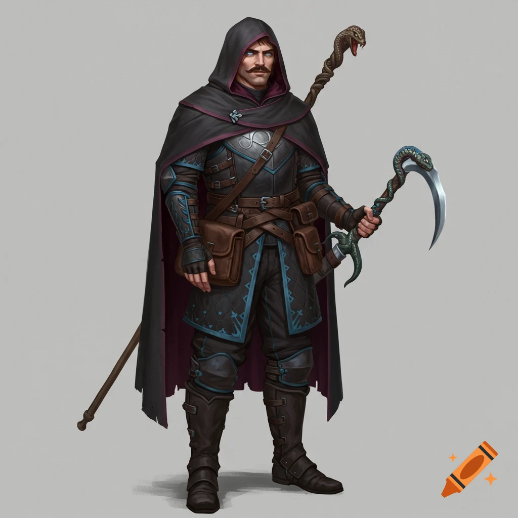 A hooded fantasy character in armor holding a staff and curved blade.