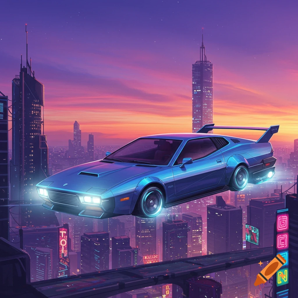 A blue futuristic car flies over a cyberpunk city at sunset.