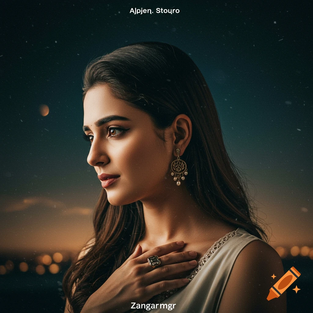 Profile portrait of a woman with her hand on her chest, wearing a large earring, against a dreamy bokeh background.